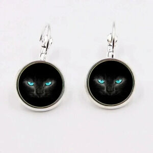 Black Cat Blue Eyes Glass Cabochon Silver Plated Handmade Leverback Earrings